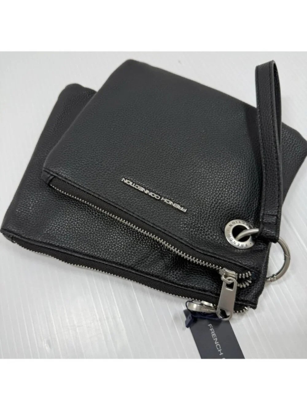 French Connection Lara Pebble Wristlet Black NWT Silver Old Money Clutch Pouch